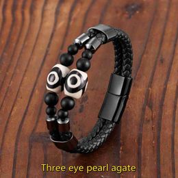 Bangle New 3-Eyes Dzi Beads Natural Agate Double Style Retro Jewelry Mens Stainless Steel Bracelet 316L Leather Cord Bracelet 240319