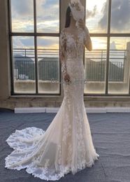 Chic Lace Mermaid Boho Wedding Dress 2022 Long Sleeve Backless Bohemian Wedding Gowns Trumpet Train Garden Country Bridal Dresses 5008195