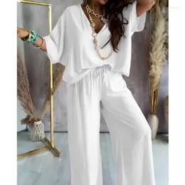 Women's Two Piece Pants 2024 Long Pant Sets Summer Set For Women V Neck Bat Sleeve Casual Loose Wide-leg 2 Solid Color Outfits