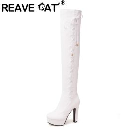 Boots REAVE CAT 2022 Fashion Over The Knee Boots Sexy Lace Up Round Toe Party Nightclub Platforms Block High Heel Black White A4522