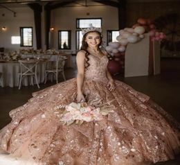 Sexy Rose Gold Bling Sparkly Full Lace Quinceanera Dresses Ball Gown Sweetheart Crystal Beads Corset Back Ruffles Tiered Sweet 16 6467080