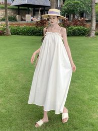 Casual Dresses 2024 White Sleeveless Pleat Loose Party Dress A-line Backless Ruffle Edge Long Festival Sundress Women Summer Simplicity