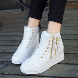 Casual Shoes For Women Wedge Heel Big Size 43 Leather Vulcanised Shoe White Black Rhinestones High Top Lace Up Sneakers Tennis