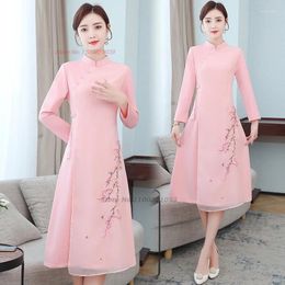 Ethnic Clothing 2024 Chinese Improved Cheongsam A-line Qipao Dress National Flower Embroidery Oriental Banquet Evening