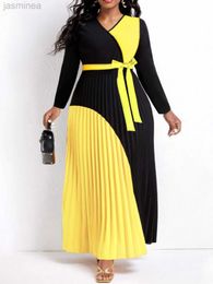 Basic Casual Dresses LW Fall Maxi Dresses Bandage Design Tiered Dress Belted Long Sleeve V Flowy Vestidos 240319