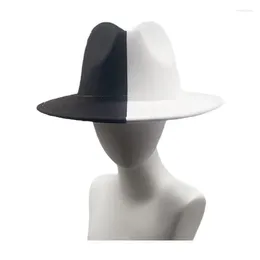 Berets Black White Women Patchwork Fedora Hat Men Wide Brim Wool Felt Jazz Hats With Thin Belt Buckle Panama Trilby Cap