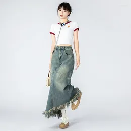 Skirts Vintage Distressed Spice Girl Split Tassel Stitching High Waist Long Denim Skirt Women's Medium A- Line Hip