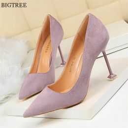 Pumps 9 Colours Concise Ladies Office Shoes Autumn Solid Flock Pointy Toe High Heels Shoes Shallow Wedding Female Pumps Sexy Size 3440