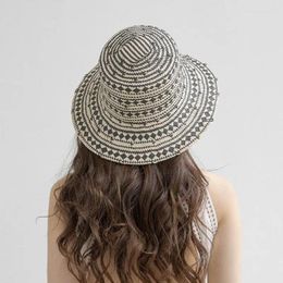 Wide Brim Hats Sun Hat Women Braided Paper Grass Black White Geometric Flat Top Fisherman Outdoor Sunshade Summer Beach Straw Seaside