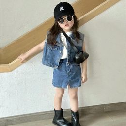 Clothing Sets Children Set Girls Denim 2024 Spring Summer Fashionable Korean Style Waistcoat Culottes Two Piece