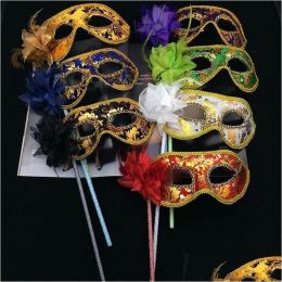 Party Masks Venetian Half Face Flower Mask Masquerade On Stick Sexy Halloween Christmas Dance Wedding Birthday Supplies Drop Deliver LL