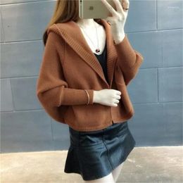 Women's Knits Women Korean Short Coat Sweater 2024 Spring Female Long Sleeved Loose Hooded Knit Autumn Winter Cardigan Thick Bat Shirt Top