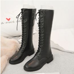 Boots Crosstied knight riding bottes femme kneehigh pu long white boots winter block heels zipper botines western laceup british c