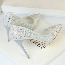 Pumps 2023 Luxury Women Glitter Rhinestone Thin High Heels Pumps Bride White Silver Heels Crystal Cinderella Wedding Shoes Plus Size