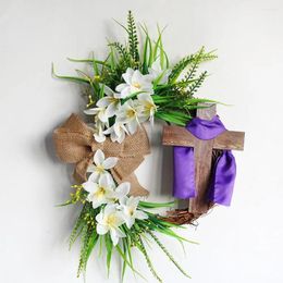 Decorative Flowers Easter Garland Decor Wooden Wreath With Artificial White Flower Bowknot Ribbon Indoor Outdoor Holiday For Front