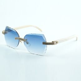 Fashionable luxury cut lenses classic double row diamond sunglasses 8300817 natural white buffalo horn arm size 18-140 mm