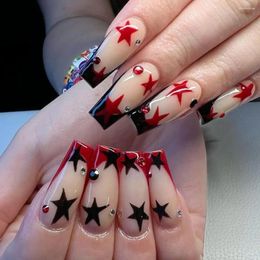 False Nails 24pcs Diamond Ballet Nail Red And Black Star Decor Fake Patches Wearable Removable Lady Coffin Press On Tips