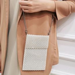 Totes Customized Fashion Trend White Weaving Handmade Vertical Luxury Diamond Flip One Shoulder Phone Bag Chain Strap Crossbody Bags