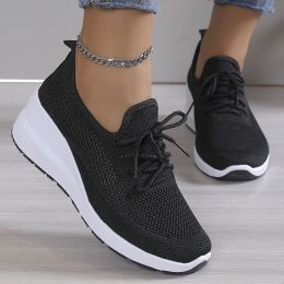 Boots 2023 Autumn Breathable Wedge Sneakers Women Mesh Knitted Platform Sports Shoes Woman Casual NonSlip Lace Up Tennis Shoes Ladies