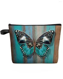 Cosmetic Bags Wooden Texture Turquoise Butterfly Makeup Bag Pouch Travel Essentials Women Toilet Organiser Storage Pencil Case