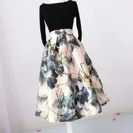 Skirts 2024 Spring Autumn Women Fashion High Waist Flower Printed Female Pocket Mid Length Skirt Ladies Casual A-line Q922