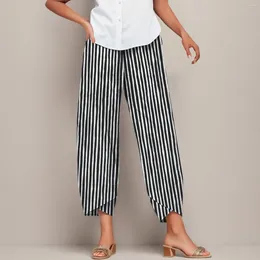 Women's Pants Casual Stripe Print Female Summer High Waisted Breathable Cropped Trousers Cotton And Linen Comfy Straight