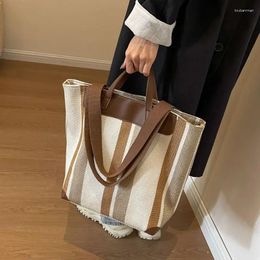 Storage Bags Large Capacity Fashion Versatile Shoulder Bag Student Class Commuter Tote Striped Canvas Reusable Grocery For Women