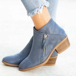Womens Boots Flock Woman Ankle Boors Mid Heel Retro Short Bootie Fashion Winter Pointed Toe Zipper 240301