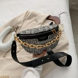 Totes 2024 Fashionable Messenger Bag Women Hobos Chain Panelled Single Shoulder Chest Cotton Linen Handbag Wide Strap Day Clutches