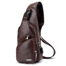 Totes Men's Chest Bag With Charge Port USB Retro Crossbody Pu Leather Vintage Business Pouch For Sport Dark Brown