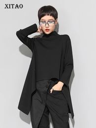 XITAO Vintage Black Turtle Neck T Shirt Women Kawaii Casual Long Sleeve Irregular Tops Korean Clothes ZLL1177 240311