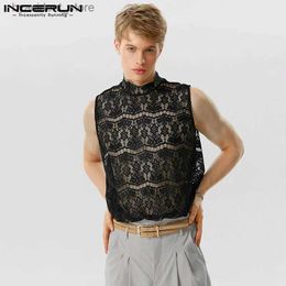 Men's Tank Tops Tops 2023 American Style Men Thin Lace Print Half High Collar Waistcoat Stylish Well Fitting Male Sleeveless Vests S-5XL L240319