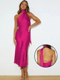 Elegant Long Satin Backless Maxi Party Dres Summer Solid Colour Fashion Sleeveless Sweet Midi Evening Dress 2023 240306