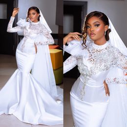 2024 Mermaid Wedding Dress for Bride Plus Size Illusion Long Sleeves Bridal Gowns High Neck Beaded Lace Rhinestones Satin Wedding Gowns for African Black Women D170