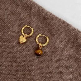 Hoop Earrings Real 925 Sterling Silver Asymmetric Heart Maillard Tiger's Eye Stone For Women Fine Jewellery Minimalist Accessories