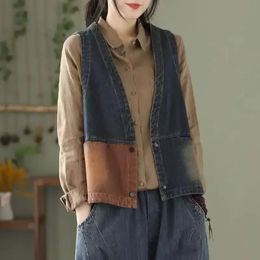 Korean Version Retro Denim Vest Spring and Summer Womens Clothing Loose Plus Size Coat Short Fashion Colour Matching V Neck 240311