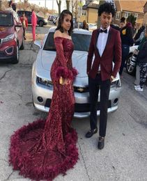 Elegant Mermaid Burgundy Black Girls Prom Dresses Long Sleeves Off Shoulder Feather Train Sparkly Sequin African Graduation Party 7665650