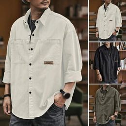Men's Casual Shirts Autumn Long Sleeve Cargo Shirt Turn-down Collar Loose Solid Colour Buttons Patch Pockets Men Daily Top