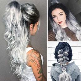 Synthetic Wigs Cosplay Wigs White Grey Gradient Silver Wig Heat Resistant Synthetic Hair Long Wavy Wigs 240329