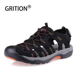 Sandals GRITION Men Sandals Leather Nubuck Gladiator Male Outdoor Beach Summer Shoes Fashion Close Toe Nonslip Casual Comfortable Clogs