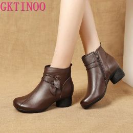 Boots GKTINOO 2023 New Autumn Winter Thick Heel Ankle Boots Women Warm Boots Shoes Handmade Genuine Leather Flowers Zipper Retro Boots