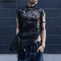 Men's Tank Tops Tops 2024 Chinese Style New Men Mesh See-through Buckle Design Waistcoat Leisure Personality Thin Stand Neck Vests S-5XL L240319