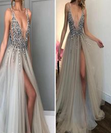 Silver Prom Dresses 2019 Formal Evening Party Pageant Gowns Split Special Occasion Dress Dubai 2k19 Black Girl Couple Day Backless2103758