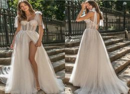 2019 Berta A Line Beach Wedding Dresses Spaghetti Lace Glitter Side Split Sweep Train Boho Wedding Dress Plus Size Graden Bridal G1138124