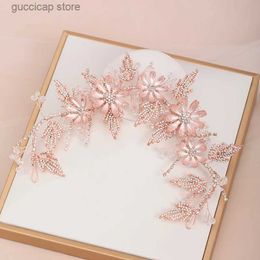 Tiaras Trendy Wedding Hair Accessories Rose Gold Headdress Rhinestones Hair Band Bride Flower Tiara Handmade Ms Wedding Hair Jewellery Y240319