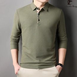 Spring Autumn Mens Loose Long Sleeve Polo Shirt Casual Lapel Plaid Business Collar T Shirt Tops 240315