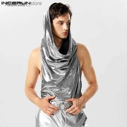 Men's Tank Tops 2023 Men Tank Tops Sparkling Hooded V Neck Sleeveless Solid Irregular Vests Streetwear Party Fashion Men Crop Tops S-5XL L240319