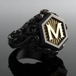 Fashion Statement Vintage Black Men 14K Gold Rings Gold Colour Carving M Letter Signet Steampunk Rings for Men Gift Party Luxury Jewellery