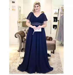 Navy Blue Plus Size Mother of the Bride Dresses Evening Wear A Line Chiffon V Neck Short Sleeve Long Special Occasion Party Dress5300637