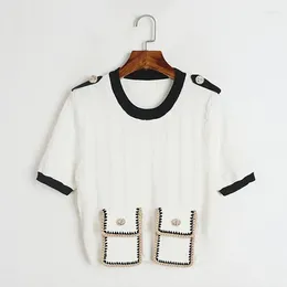 Women's T Shirts 2024 Summer Brand Fashion Celebrity Shoulder Buckle Pocket T-Shirt Short Style Black White Patchwork Knitted Tops Tees